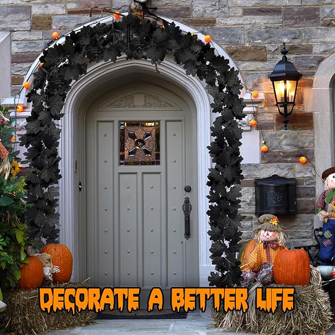 Joyhalo 6 Pack 5.7FT Black Maple Leaf Garland,Halloween Artificial Hanging Black Vines,Halloween Outdoor Garland for Mantle,Door Frame,Fireplace and Thanksgiving Decor-Ruum Studio Home