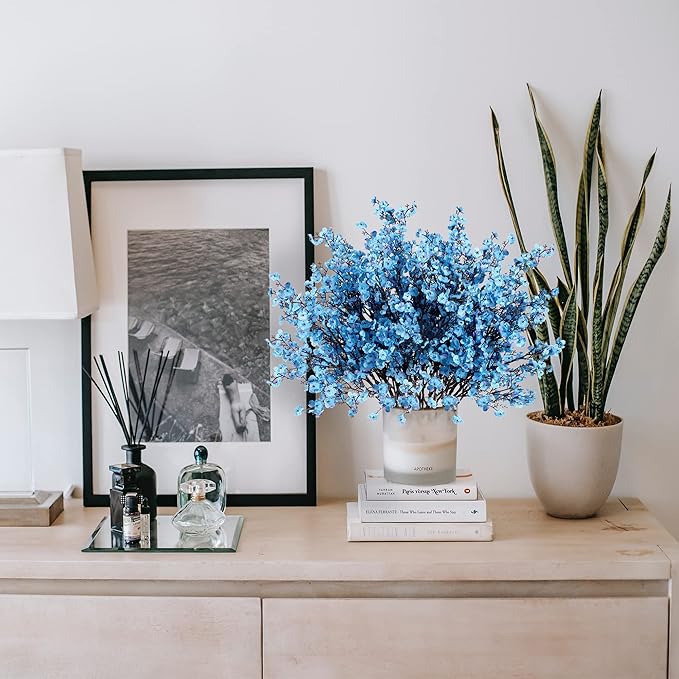 Sggvecsy 6 Pcs Babys Breath Artificial Flowers Gypsophila Bouquets Bulk Real Touch Fake Silk Flowers for Home Wedding DIY Floral Arrangement Kitchen Table Centerpiece Festival Decoration (Blue)-Ruum Studio Home