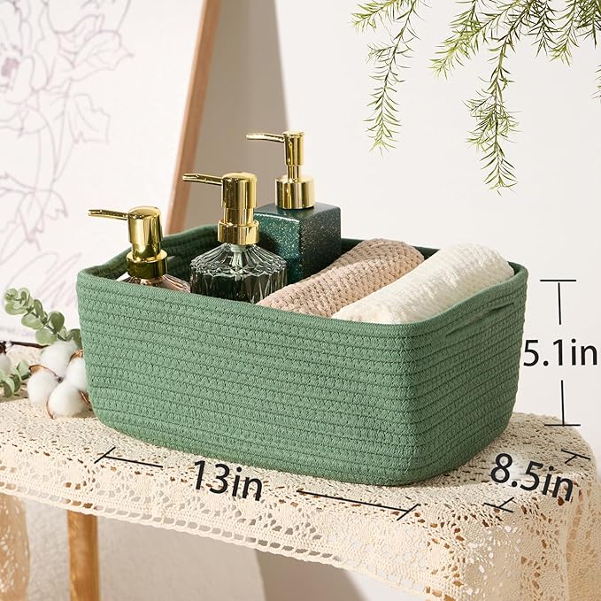 Small Storage Baskets for Organizing | Closet Organizer Bins | Shelf Toy Basket | Woven Rope Baskets | Cube Decorative Box | Shallow Basket | 13x8.5x5.1” | 3 Packs Green-Ruum Studio Home