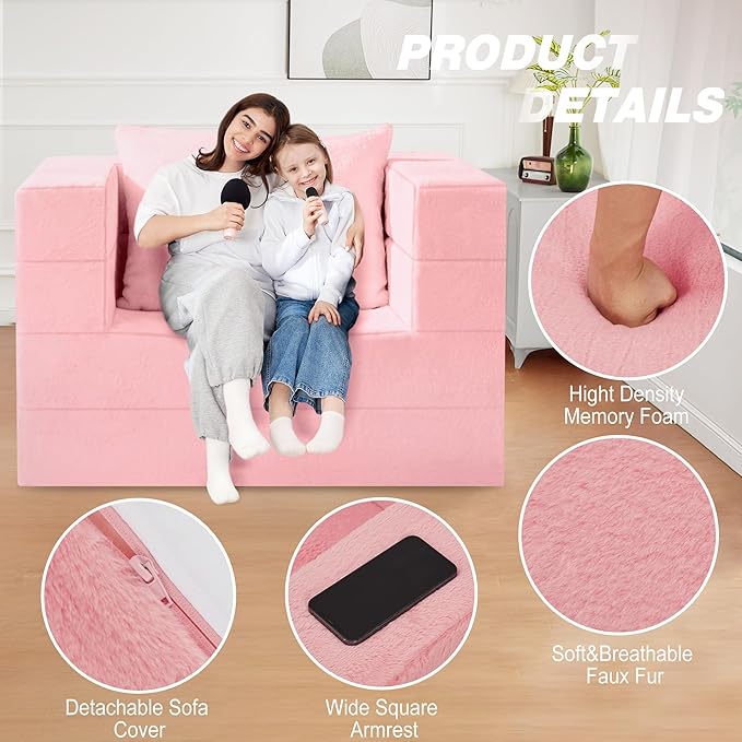 Folding Bean Bag Chair for Adults,3-in-1 Bean Bag Couch Faux Fur Floor Sofa Large Beanbag Convertible Bean Bag Sofa Bed with Pillow in Bedroom,Living Room,Apartment(Twin,Pink)-Ruum Studio Home