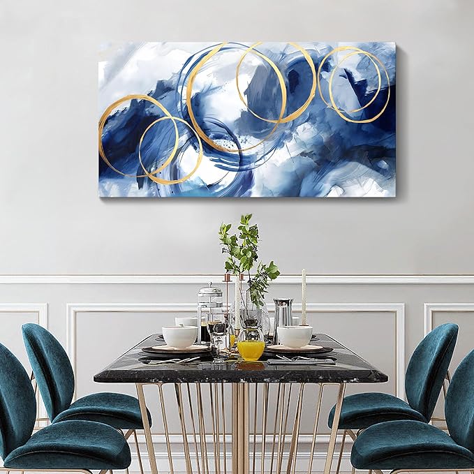 AJAZIKO Blue Abstract Wall Art Modern Art Wall Decor Artwork For Walls Living Room Large Painting Size 20x40 Office Pictures For Wall Navy Gold Contempor Decorations For Bedroom-Ruum Studio Home