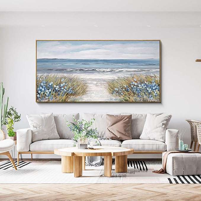 XLSJERST Framed Wall Art for Bedroom Decor - Farmhouse Boho Beach Coastal Vintage Floral Ocean Wall Picture Daisy Flowers Sea Canvas Print Nautical Neutral Seascape Artwork for Home Living Room-Ruum Studio Home