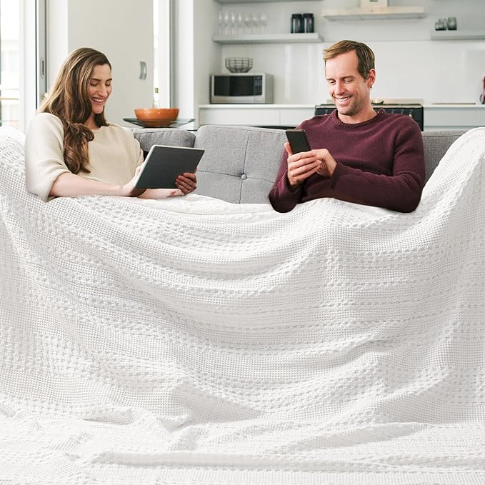 PHF 100% Cotton Waffle Blanket Oversized King 120"x120", Lightweight Breathable Extra Large 10'x10' Summer Blankets for Bed, Giant Big Luxury Aesthetic Woven Bedding for Home Decor, White-Ruum Studio Home