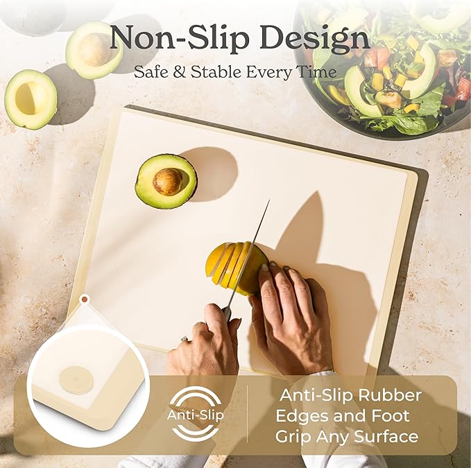 SMIRLY Plastic Cutting Board Set with Holder 4 Pieces, Non-Slip Dishwasher Safe Chopping Boards for Kitchen, Cream White-Ruum Studio Home