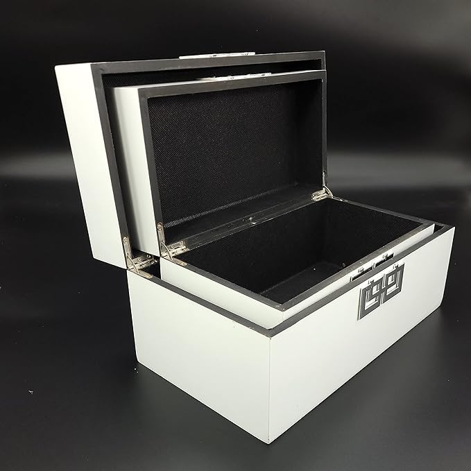 Galt International Storage Box Set Decorative Storage Box w/Hinged Lid Classic Design Wood Decor Boxes with Geometric Clasp Storage for Bedroom & Home - Set of 2 (White & Silver)-Ruum Studio Home