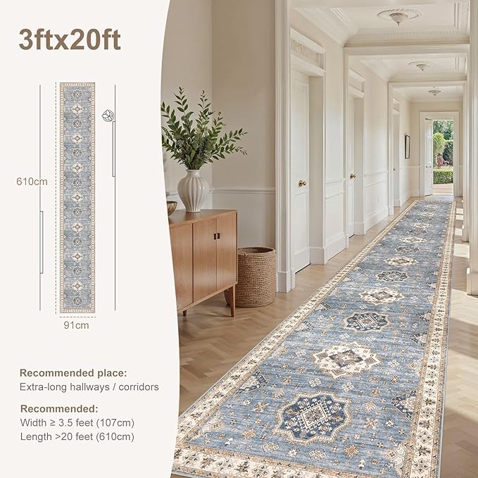 Washable 3x20 Runner Rug - Area Rugs Neutral Vintage Distressed Floral Farmhouse Boho Large Soft Floor Rug Indoor Carpet for Hallway Entryway Home - Blue-Ruum Studio Home