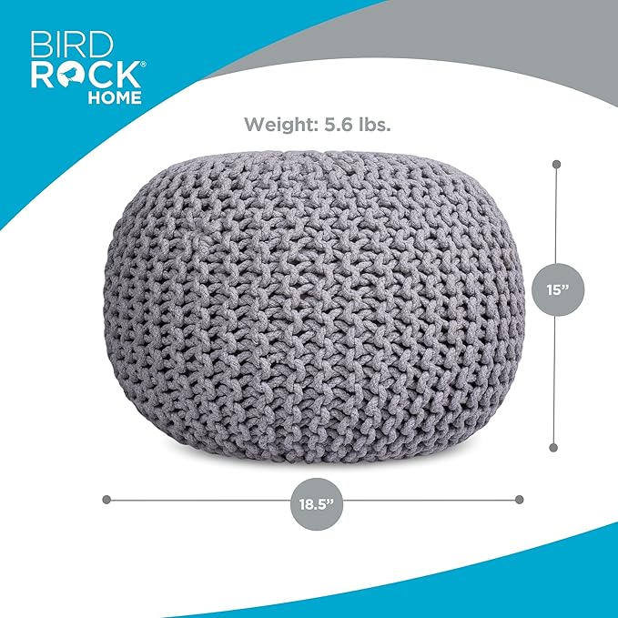 BIRDROCK HOME Round Pouf Ottoman | Cotton Braided Foot Stool with Bean Bag Filling | Boho Foot Rest for Living Room & Bedroom | Compact & Comfortable Seating, Lightweight & Soft | Light Grey-Ruum Studio Home