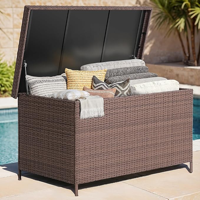 158 Gallon XL Deck Box with Lid, All Weather Wicker Outdoor Storage Box Waterproof, Large Outdoor Patio Storage Bin for Cushions, Garden Tools, Gears, Pool Accessories, Brown-Ruum Studio Home