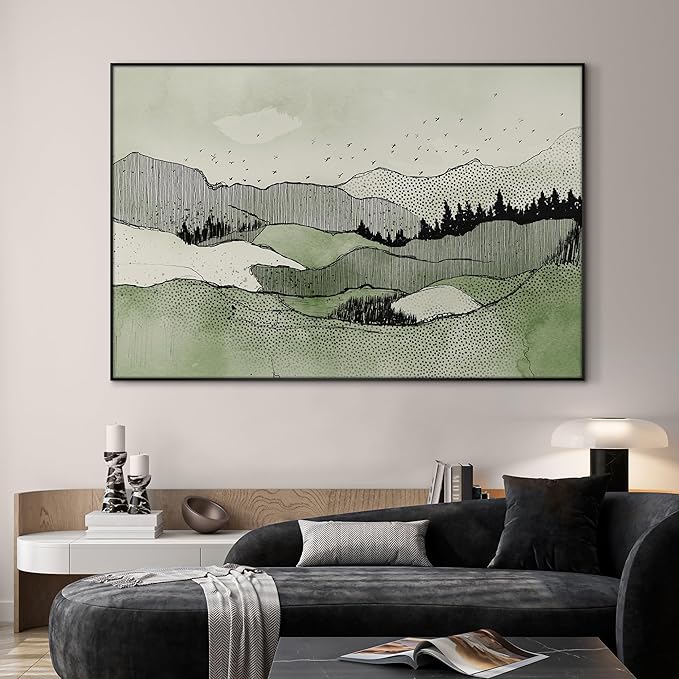 SIGNWIN 46"x72" Extra Large Framed Wall Art Green Line Art Mountain Landscape Illustration for Home Living Room Bedroom Decor (Frame Assembly Required)-Ruum Studio Home