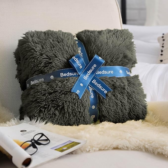 Bedsure GentleSoft Fuzzy Sherpa Faux Fur Twin Blanket Olive Green Cozy Gifts for Women Men, Soft Fleece Plush Warm Minky Thick Blanket Twin Size for Bed, Room Dorm Essentials Olive Decor Gifts, 60x80-Ruum Studio Home