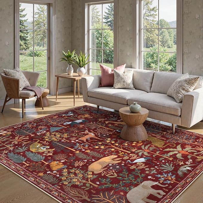 OJIA Animal Washable Rugs 8x10, Soft 8x10 Area Rugs for Living Room, Non Slip Bedroom Rug Under Bed Ultra-Thin Nursery Rug Large Carpet for Dining Room Office Playroom, Red-Ruum Studio Home