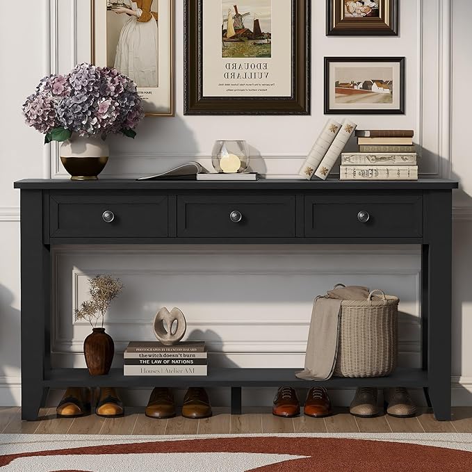 Farmhouse Modern Console Table 55.4-Inch Entryway Sofa Table with Drawers & Storage Shelf for Living Room Hallway Entrance, Black-Ruum Studio Home