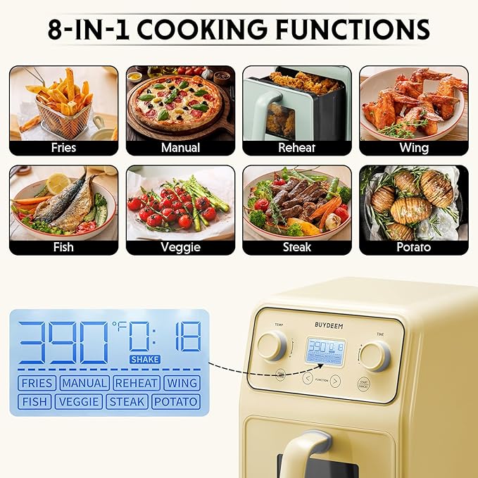 BUYDEEM F51 8-in-1 Air Fryer 4.2QT, Retro Countertop Airfryer Oven with Visible Window, Shake Reminder, One-touch Control with LCD Display, Mellow Yellow-Ruum Studio Home