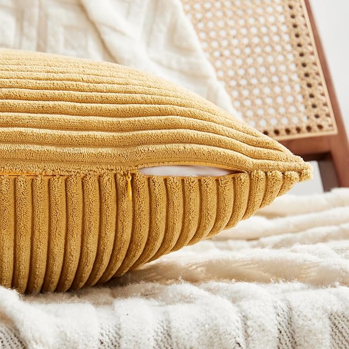 Fancy Homi 2 Packs Gold Yellow Lumbar Decorative Throw Pillow Covers 14x24 Inch for Couch Bed Sofa, Rustic Farmhouse Boho Spring Home Decor, Soft Striped Corduroy Rectangle Accent Cushion Case 35x60cm-Ruum Studio Home