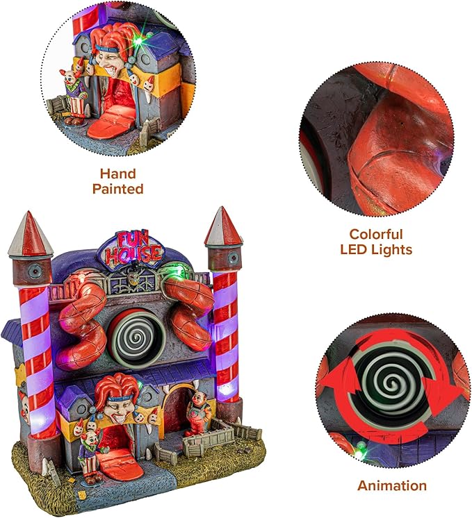 Carnival Funhouse Clown Theme Spooky Halloween Village Multi-Color LED Lights, Motion and Music 9.25" x 5.75" x 9.5"-Ruum Studio Home