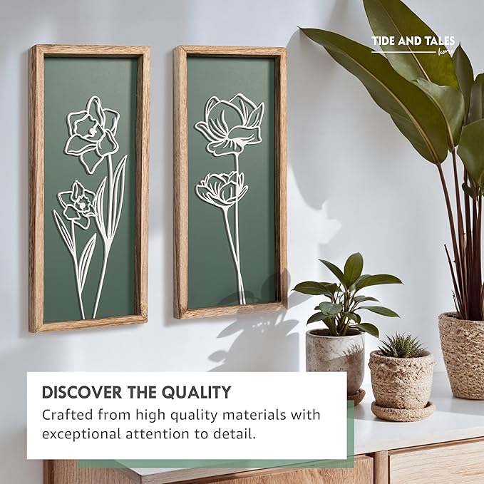 3D Floral Green Wall Art (Set of 2) Lightweight, Wooden Ready-to-Hang Boho Framed Wall Art for Bathroom, Bedroom, Living Room or Office – Premium Sage Green Farmhouse Decor – Gift-Boxed-Ruum Studio Home