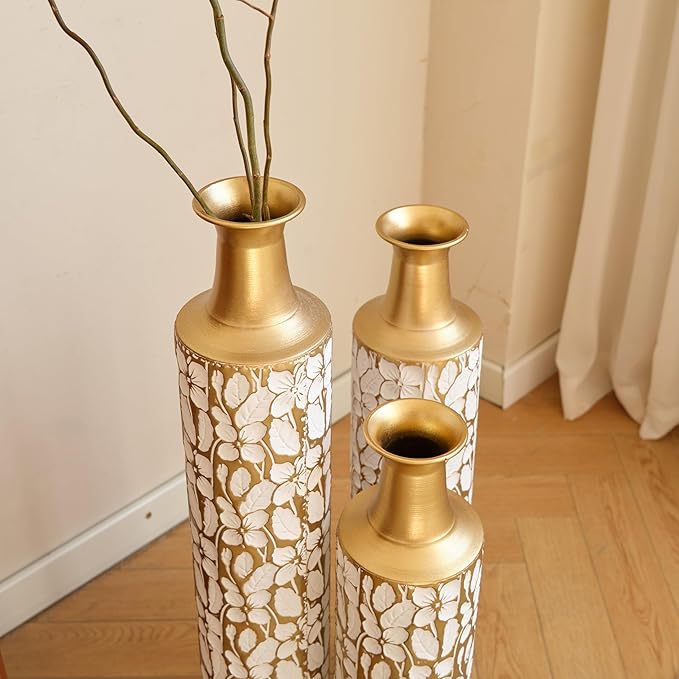 Medhansh Metal Floor Vase, Tall Floor Vase with Gold Twig Pattern, Antique White Finish (Set of 3)-Ruum Studio Home