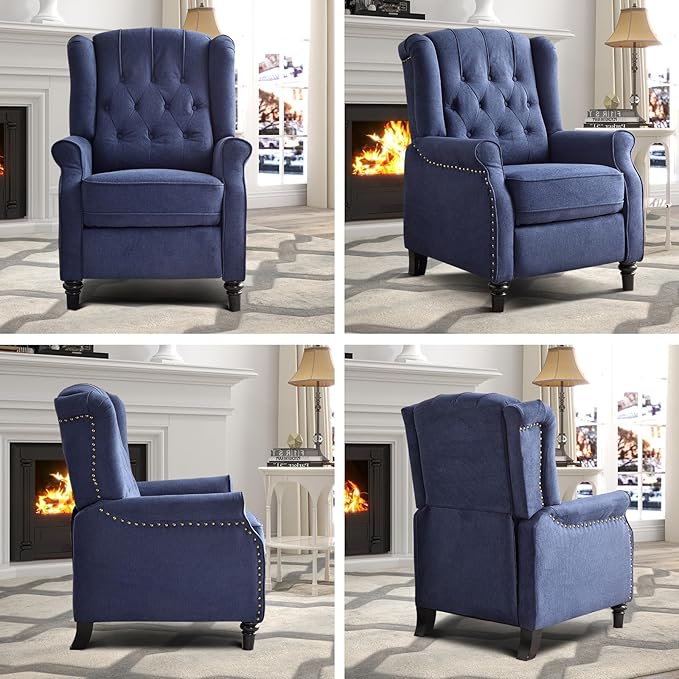 EBELLO Pushback Recliner Chair, Fabric Armchair Push Back Recliner with Rivet Decoration, Single Sofa Accent Chair for Living Room, Bedroom, Navy Blue-Ruum Studio Home
