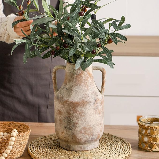 Mitt&Ditt Ceramic Flower Vase with Handles, 11 inch Tall Vase for Centerpieces, Large Decorative Terracotta Vases, Farmhouse Rustic Vases for Home Decor, Living Room, Table, Neutral-Ruum Studio Home