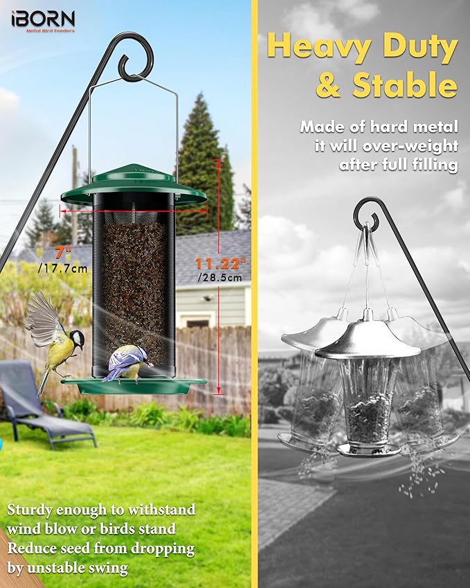iBorn Bird Feeders for Outdoors, All Metal Mesh Tube, Holding Bird Seed for Outside Feeders,18cm Large Roof, Green, 2.8lb(Seed is not Included)-Ruum Studio Home