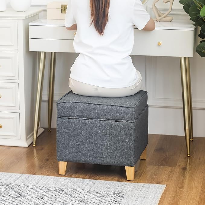 Adeco 17.5" Square Fabric Ottoman with Storage, Upholstered Cotton Linen Foot Rest, Flip Top Footstool, Small Cube Coffee Table Extra Seat for Living Room, Bedroom, Grey with Burlywood Legs-Ruum Studio Home