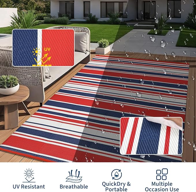 Outdoor Patio Rug 9x12 Stain-Resistant Reversible Camping Mat, Modern Striped Outdoor Plastic Straw Rug, Waterproof Outside Carpet, Easy to Clean for RV, Porch, Deck, Balcony, Red Blue White-Ruum Studio Home