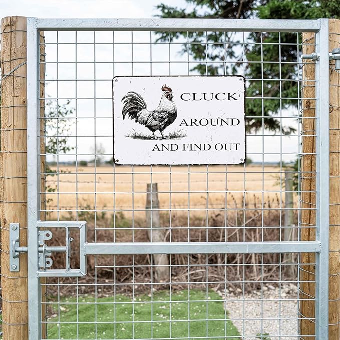 Funny Chicken Coop Sign "Cluck Around & Find Out" Vintage Metal Tin Sign 8x12 Inch - for Farmhouse Kitchen Decor,Chicken Coop Accessories,Barn,Rustic Home & Garden Wall Art with Hanging Holes-Ruum Studio Home