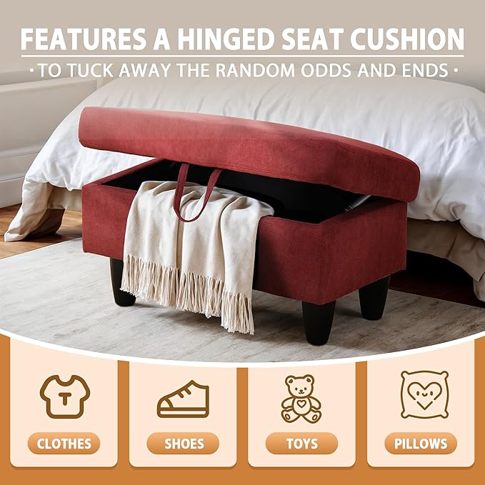 Ottoman Rectangular Storage Ottoman Bench, Flannel Footrest Stool Footstool with Lid for Living Room, Bedroom, Entryway, Red, 28.5"x19"x17.5"-Ruum Studio Home