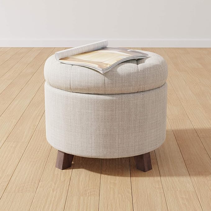 Amazon Basics Round Linen Ottoman with Storage, Tufted Upholstered Footstool for Living Room and Bedroom, 20" x 17", Linen Burlap Beige-Ruum Studio Home