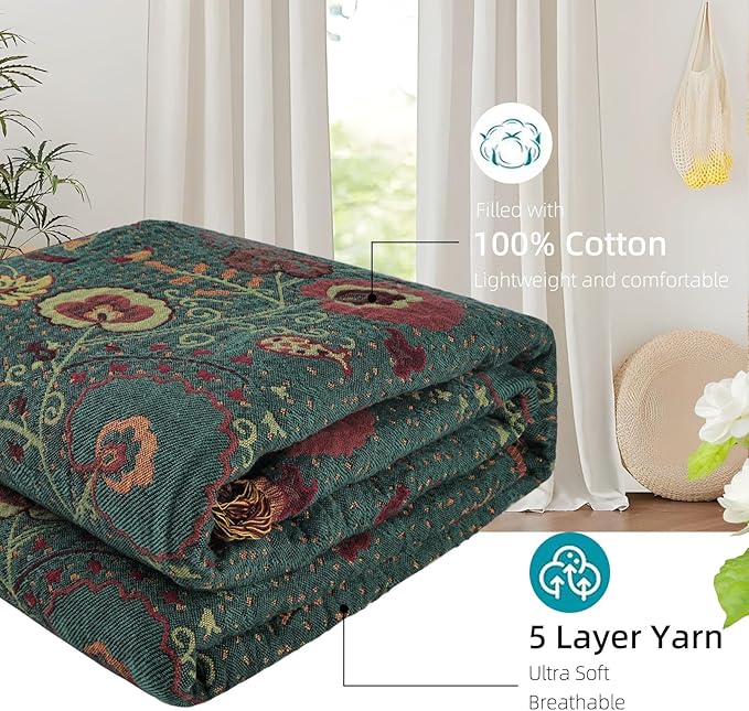 Boho Throw Blanket for Bed - 100% Pure Cotton Ultra Soft Rustic Quilt - Farmhouse Decor Bed Blankets, All Season Rustic Throw for Sofa Couch Chair(80''x 90'', Floral)-Ruum Studio Home