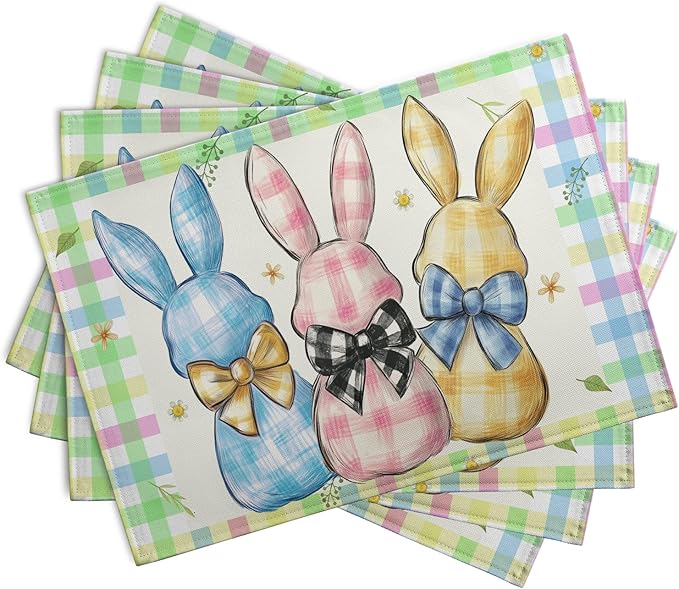 Easter Bunny Placemats Set of 4 Green Blue Pink Yellow Buffalo Plaid Rabbits Floral Bow Place Mats 12x18 Inch Happy Easter Table Mats for Spring Party Kitchen Dining Holiday Decor-Ruum Studio Home