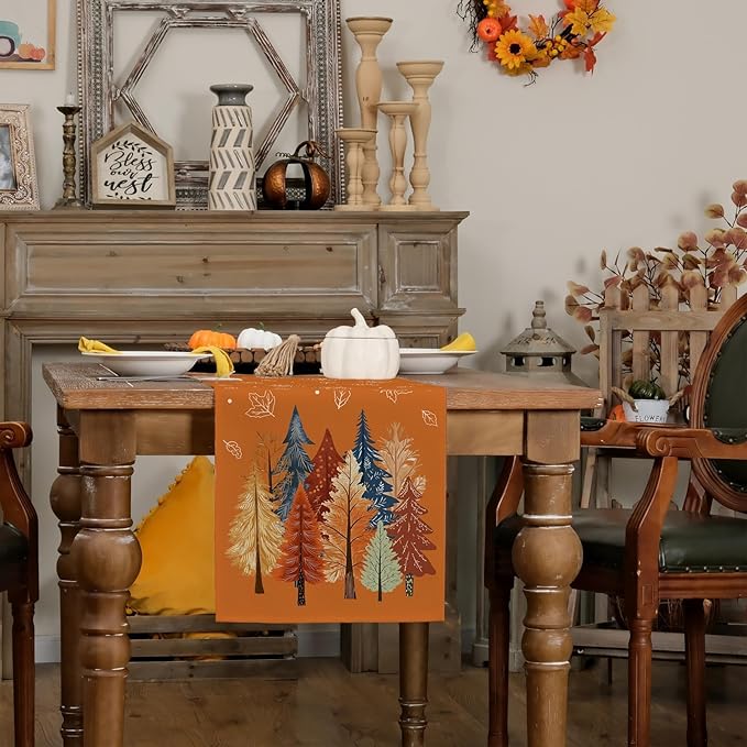 GEEORY Fall Watercolor Trees & Maple Leaves Table Runner 13x72 Inch, Rustic Farmhouse Autumn Thanksgiving Decor for Kitchen, Dining, Indoor/Outdoor Holiday Dinner Party Orange GT158-72-Ruum Studio Home