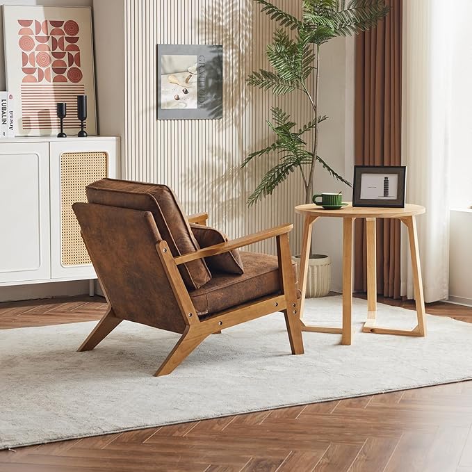 Karl home Accent Chair Wide Armrest Mid-Century Lounge Chair Bronzing Cloth Armchair with Lumbar Pillow & Solid Wood Frame for Living Room, Bedroom, Balcony, Brown-Ruum Studio Home