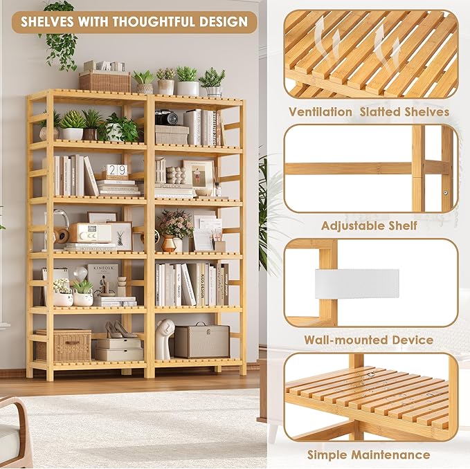 FOTOSOK 6-Tier Bamboo Shelf Set of 2, Bamboo Bookcase with Adjustable Shelves, Free Standing Storage Shelf Unit and Plant Flower Stand, Tall Large Bookshelf for Kitchen, Bathroom, Home Office, Natural-Ruum Studio Home