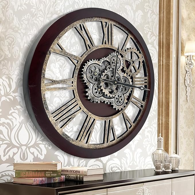 HOIBAI Large Wall Clock, Wall Clocks for Living Room Decor 30 Inch Farmhouse Vintage Rustic Kitchen Wall Decor Vintage Roman Oversized Wall Clock for Home Bedroom House, Moving Gears Clock-Ruum Studio Home