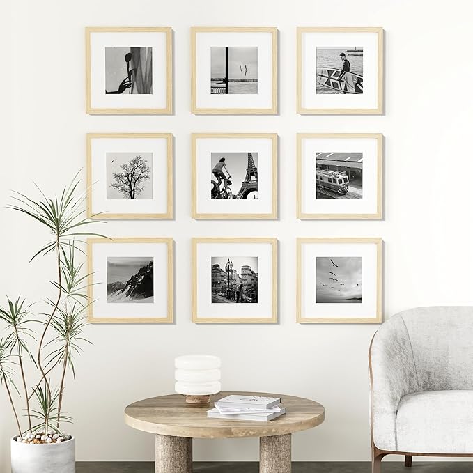 Vittanly 12x12 Picture Frames Set of 9, Shatter Resistant Plexiglass, Display 8x8 Pictures with Mat or 12x12 without Mat, Photo Frames for Wall Mount, Engineered Wood, OAK-Ruum Studio Home