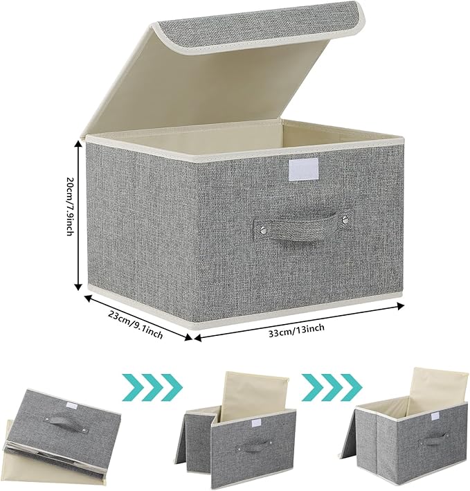Storage Boxes, Collapsible Storage Bins with Lids, Cotton and linen cloth Storage Baskets with Handle, for Books, Closet, Bedroom, Home, 13x9.1x7.9 in, Grey-Ruum Studio Home