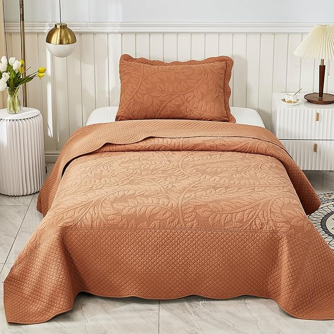 MarCielo 3-Piece 100% Cotton Oversized Bedspread Lightweight Quilt Coverlet Embroidery Farmhouse Bedding Set T0 (Royal Orange, Twin (68"x86"))-Ruum Studio Home