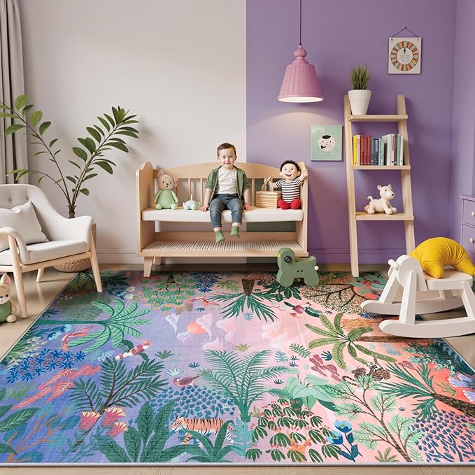 LIVEBOX Washable 6x9 Rug for Living Room, Soft Jungle Animal Print Rugs for Bedroom Aesthetic, Non Slip Purple Boho Rug Botanical Kids Rugs for Bedroom Girls,Stain Resistant Kid Rug for Playroom-Ruum Studio Home