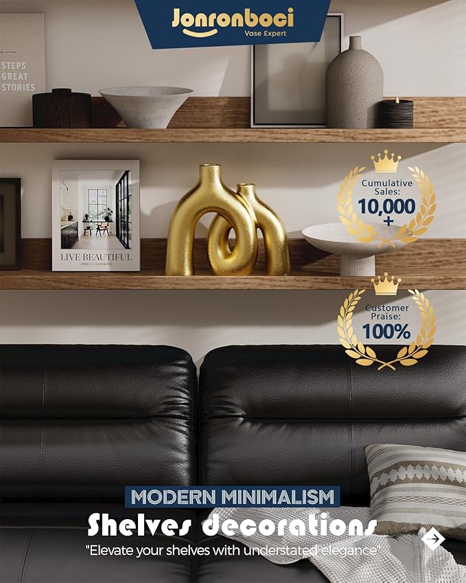 Hug Donut Decorative Vase Set - Golden Modern Classic Transitional Style Vases Home Decor, Matte Ceramic Decorations for Living Room Shelf, Bookshelf Mantle Entryway Table or Console Décor (Gold)-Ruum Studio Home