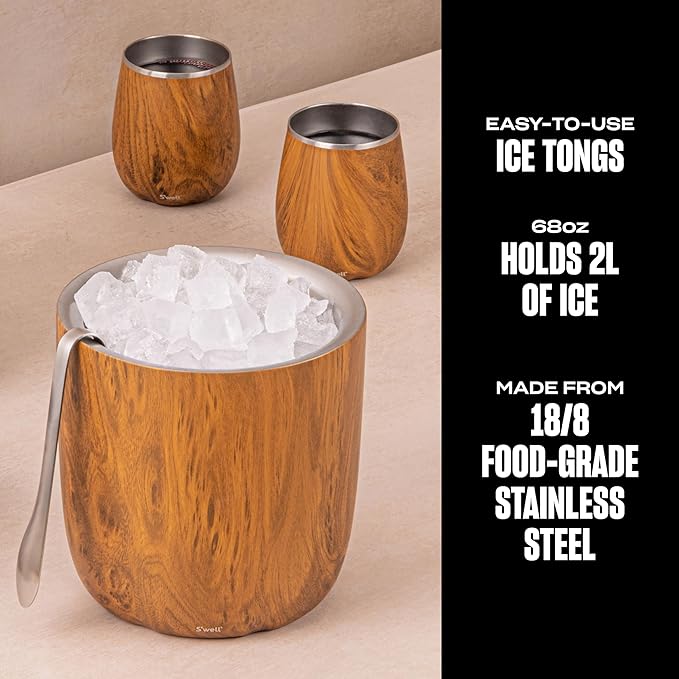 S’well Stainless Steel Ice Bucket with Tongs, 68oz Capacity, Teakwood Finish, Triple-Layer Vacuum Insulated to Keep Ice Colder Longer, BPA-Free Barware-Ruum Studio Home