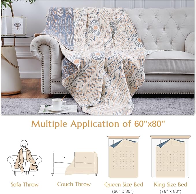 jinchan Boho 100% Cotton Muslin Twin Size 60x80 Throw Blanket Lightweight 4-Layer Orange Reversible Blanket Washable Breathable Geometric Striped Pattern Soft Comfy for Couch Bed Decor All Seasons-Ruum Studio Home