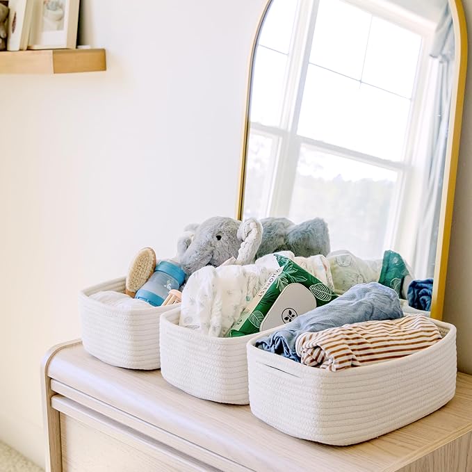 NaturalCozy 11.8"x8"x4.5” Storage Baskets for Shelves 3 Pack | Cotton Rope Woven Small Baskets for Organizing | Small Storage Bins for Nursery, Bathroom, Closet, Cube Shelf, Decorative, Gift Basket-Ruum Studio Home