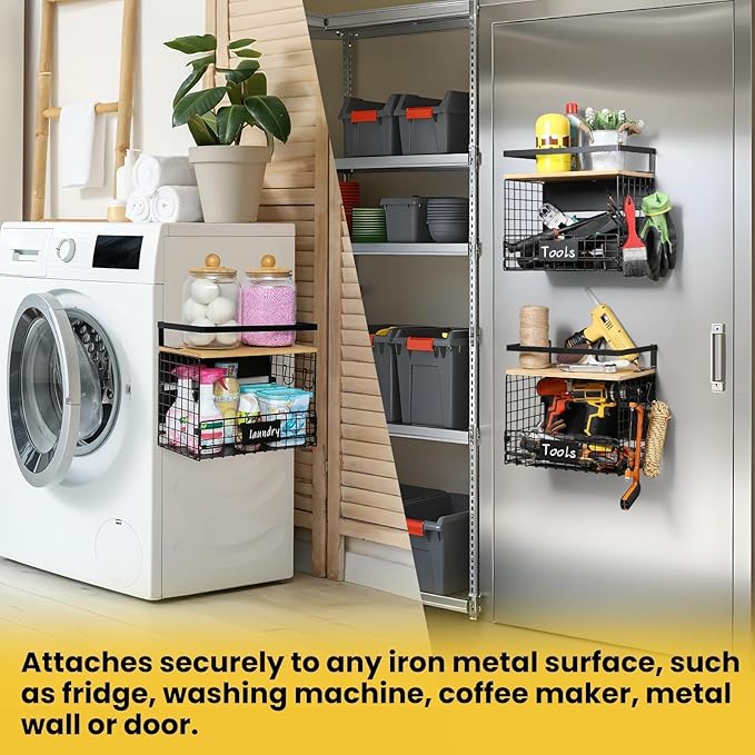 [WIDER Shelf]2 SET Strong Magnetic Shelf Basket for Fridge with Tag & Bamboo Top, XXL Large Magnetic Spice Rack Shelves for Side of Refrigerator, Kitchen Pantry Storage Organizer for Food Fruit Veg-Ruum Studio Home