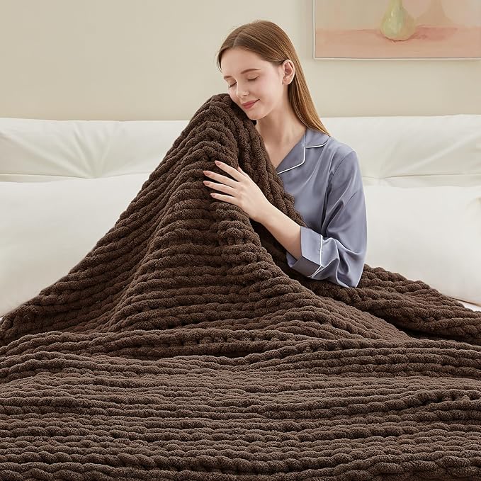 Chunky Knit Throw Blanket, 30''*40'' Knitted Throw Chenille Yarn for Bed Couch, Handmade Dark Brown Crochet Big Thick Blanket, Machine Washable Cute Comfy Blanket for Home Decor-Ruum Studio Home