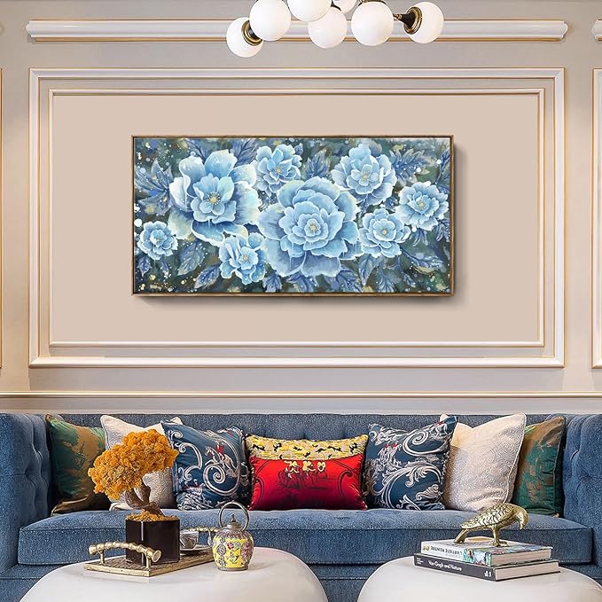 Large Blue Wall Art Decor Modern Framed Wall Picture for Living Room Bedroom Office Decor Floral Canvas Art Prints Botanical Wall Picture Abstract Peony Flower Horizontal Artwork Ready to Hang 48x24-Ruum Studio Home