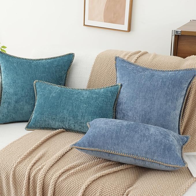 decorUhome Chenille Soft Throw Pillow Covers 24x24 Set of 2, Farmhouse Velvet Neutral Decorative Euro Pillow Covers with Stitched Edge for Couch Sofa Bed Home Decor, Teal-Ruum Studio Home
