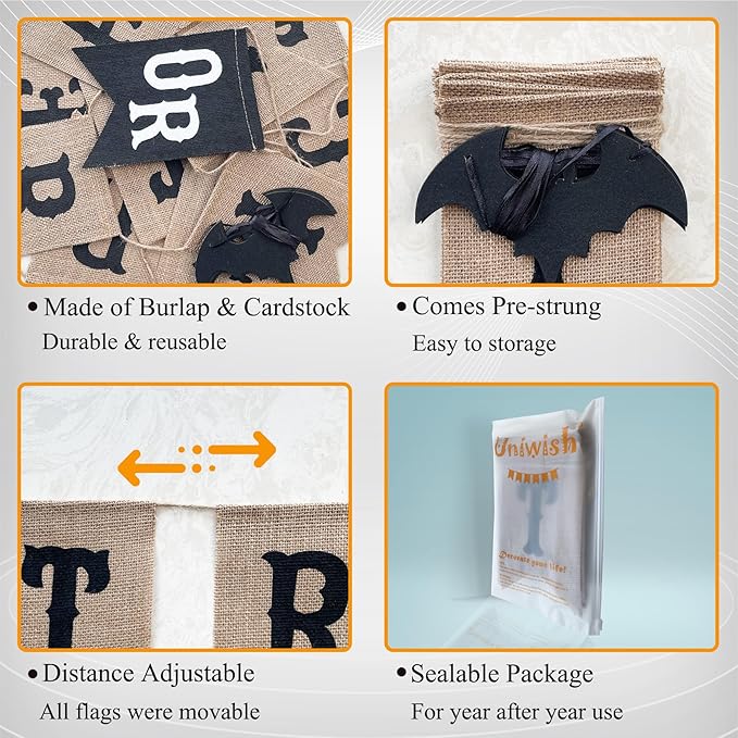 Uniwish Trick or Treat Burlap Banner Halloween Decorations for Mantel Fireplace Glitter Bat Garland Bunting Home Wall Decor Halloween Party Supplies-Ruum Studio Home