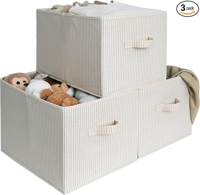 StorageWorks Storage Baskets for Shelves, Foldable Fabric Closet Storage Bins with Handles, Fabric Storage Bins Clothes Organizer, Beige Stripes, 3-Pack, Extra Large-Ruum Studio Home