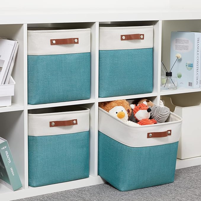 DULLEMELO Square Storage Cubes Baskets for Gifts Empty, 12 inch Cube Stroage Bins Linen Closet Organizers and Storage Baskets for Toy Nursery Shelves Bedroom Storage(4 Pack - 12" White&Teal)-Ruum Studio Home